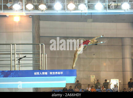 Wuhan, China's Hubei Province. 24th Oct, 2019. Lin Shan of China competes during the women's platform of diving at the 7th CISM Military World Games in Wuhan, capital of central China's Hubei Province, Oct. 24, 2019. Credit: Ma Ping/Xinhua/Alamy Live News Stock Photo