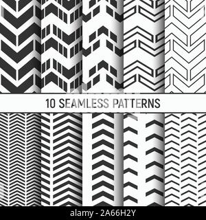 Set of ten seamless patterns of arrows. Abstract geometrical trendy vector monochrome backgrounds. Fashion design. Repeating geometric tiles. Stock Vector