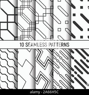 Set of ten seamless patterns of hexagons and squares. Diagonal arrangement. Geometric lattice. Abstract geometrical trendy vector monochrome. Stock Vector