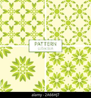 Set of four seamless flower fashion colorful patterns. Abstract geometric flower shapes. Green color. Flat design. Decorative ornaments. Stock Vector