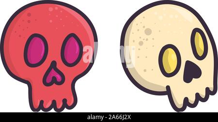 Set of two skull in doodle style. Graphic element collection for Halloween design. Vector retro hand drawn icons. Stock Vector