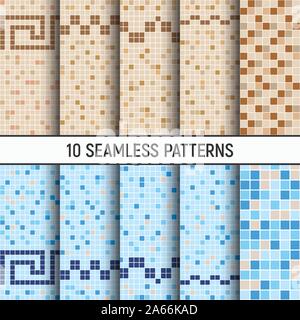 Set of ten seamless color patterns. Blue, beige, brown ceramic tile mosaic in swimming pool. Antique Greek borders. Design for pool, kitchen. Stock Vector