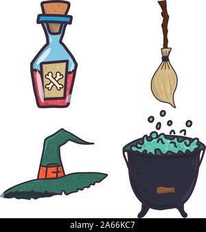Set on witch theme - broom, poison bottle, cauldron, hat in cartoon style. Holiday night party decoration. Autumn vector illustration. Stock Vector