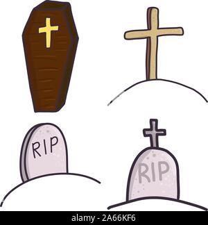 Set of gravestones and coffin. Halloween cartoon vector illustration. Stock Vector