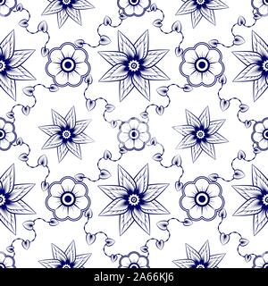 Floral vector background blue and white. Seamless pattern flower in tropical. Stock Vector