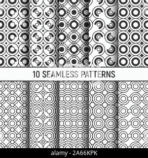 Set of ten monochrome seamless patterns. Abstract trendy vector backgrounds. Fashion design. Circles, curved rhombuses. Stock Vector