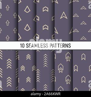 Set of ten seamless patterns. Modern stylish textures of different arrows. Repeating geometric shapes. Abstract trendy vector color backgrounds. Stock Vector