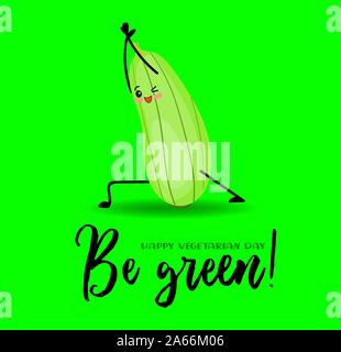 Zucchini. Vegetables. Cute characters with hands and faces on a green background. Greeting card for vegan day and vegetarian day.. Stock Vector