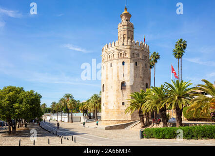 Seville Torre del Oro Seville Spain Paseo de Cristóbal Colón seville Andalusia EU Europe Stock Photo