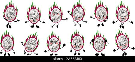 Dragon fruit. Pitaya. Character is cheerful with arms and legs. Set of fruits on a white background ... Stock Vector