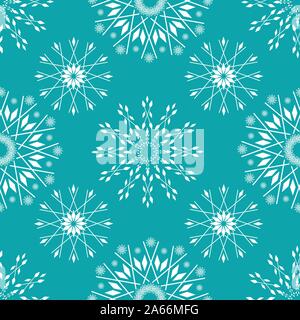 Elegant white snow crystals in timeless winter design. Seamless vector pattern on ice blue background. Great for winter themed and Christmas products Stock Vector