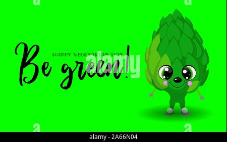 Artichoke. Cute characters with hands and faces on a green background. Greeting card for vegan day and vegetarian day. Stock Vector