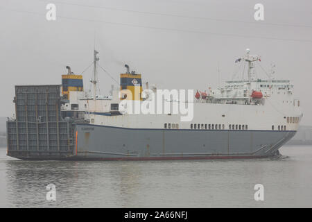 Clementine cargo ferry on the River Thames where she sails a regular route between Purfleet, Essex, and Zeebrugge. Stock Photo