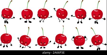 Red cherry. Character is cheerful with arms and legs. Set of fruits on a white background ... Stock Vector