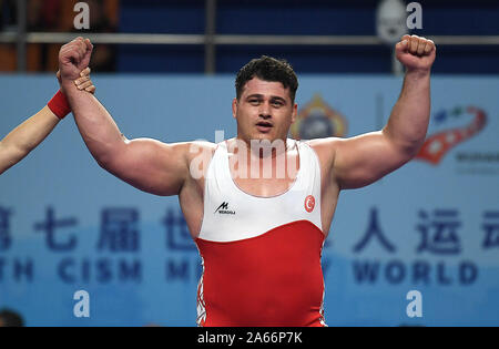 Riza Kayaalp of Turkey celebrates after winning the gold medal in the men's  -130kg category bout at the European Wrestling Championships in Warsaw,  Poland, Saturday, April 24, 2021.(AP Photo/Czarek Sokolowski Stock Photo 