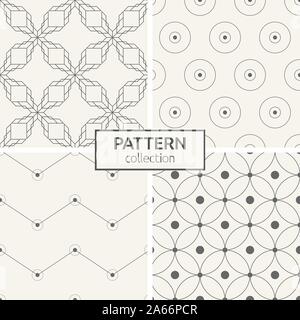 Set of four seamless patterns. Abstract geometric trendy vector backgrounds. Modern stylish textures. Linear grid with dots in nodes and circles. Stock Vector