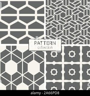 Set of four seamless patterns. Abstract geometric trendy vector backgrounds. Modern stylish textures of bold hexagons, geometric ornaments. Stock Vector