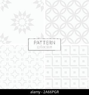 Set of four abstract geometric seamless patterns. Modern stylish backgrounds. White and gray geometric textures. Regular repeating geometric shapes. Stock Vector