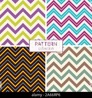 Set of four seamless fashion zigzag patterns. Abstract geometric shapes patterns. Retro, pastel colors. Zigzag color lines. Colorful chevron patterns. Stock Vector