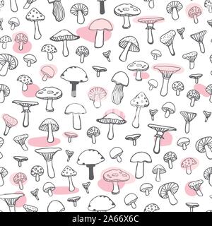 Seamless doodle pattern with forest mushrooms on white background. Beautiful autumn illustration in vector. Stock Vector