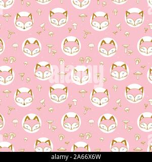 Cute fox seamless pattern, wolf hand drawn forest autumn background with mushroom, vector illustration Stock Vector