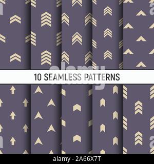 Set of ten seamless patterns. Modern stylish textures of different arrows. Repeating geometric shapes. Abstract trendy vector color backgrounds. Stock Vector