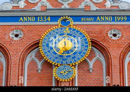 Close Up of Clock on House of Blackheads and Schwab House, Town Hall Square, Old Town, Riga, Latvia Stock Photo