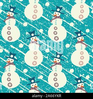Fun snowmen with falling snow winter design in hues of purple frosted pink and white. Seamless vector pattern on ice blue blizzard background. Great Stock Vector