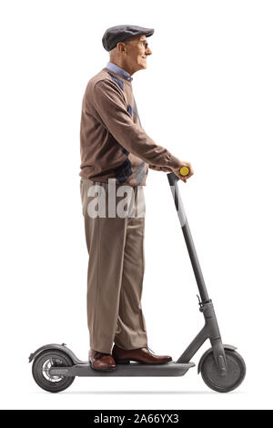 Full length shot of an elderly man riding an electric scooter isolated on white background Stock Photo