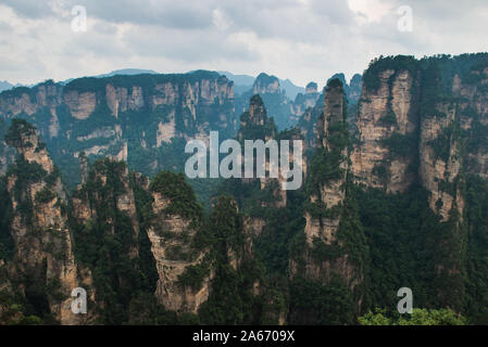 Natural sandstone formations in Zhangjiajie National Forest Park in Hunan Province, China. Stock Photo