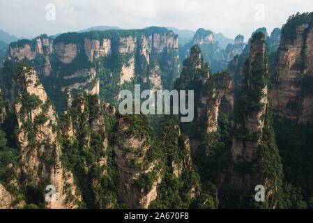 Natural sandstone formations in Zhangjiajie National Forest Park in Hunan Province, China. Stock Photo