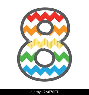 8 Eight Chevron Number w colorful rainbow pattern and grey border Stock Vector