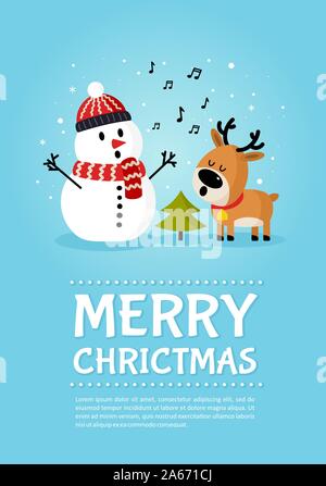 Snowman With Deer Singing Song Near Christmas Tree Poster Merry Christmas And Happy New Year Holiday Greeting Card Isolated Vector Illustration Stock Vector Image Art Alamy