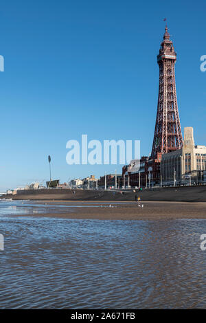 Blackpool Tower on a sunny day with blue skies. Stock Photo