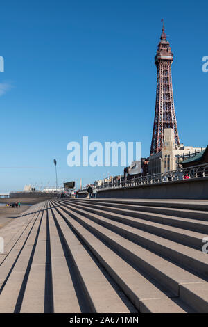 Blackpool Tower on a sunny day with blue skies. Stock Photo