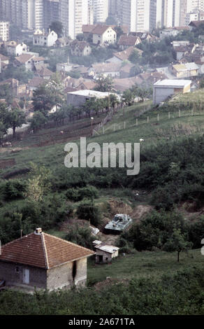 6th June 1993 During the Siege of Sarajevo: a Soviet-made ARBiH 122mm 2S1 Gvozdika self-propelled Howitzer parked, out of action, concealed behind a hedge on Hum Hill. A lot of the houses below it are burned out and wrecked. Stock Photo