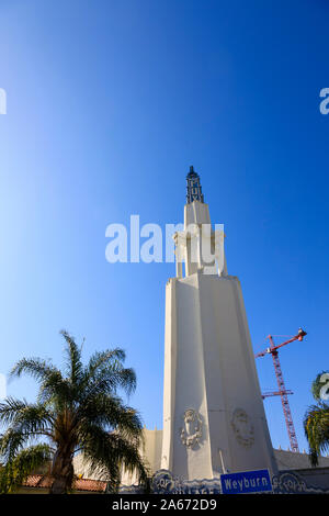The Art Deco Fox Village theatre tower with”Fox” logo at the top. 961 Broxton Avenue, Westwood, Los Angeles, California, United States of America. Oct Stock Photo