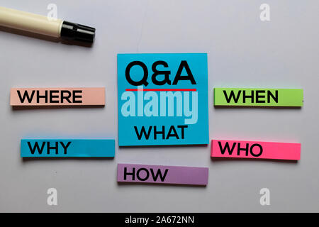 Q&A. Where, Why, What, When, Who, How write on sticky notes. Isolated on white table background Stock Photo