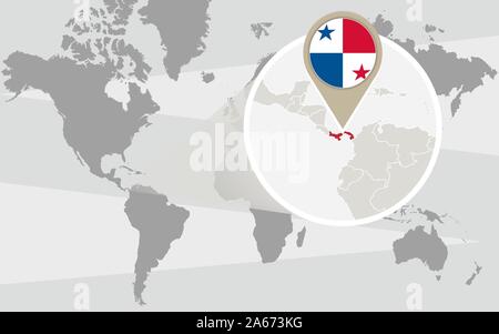World map with magnified Panama. Panama flag and map. Stock Vector