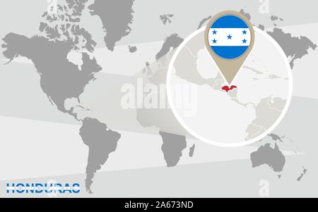 World map with magnified Honduras. Honduras flag and map. Stock Vector