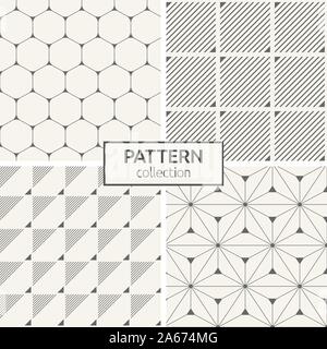 Set of four seamless patterns. Abstract geometric trendy vector backgrounds. Modern stylish textures of hexagons with rounded corners, smooth triangle Stock Vector