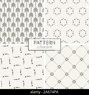 Set of four seamless patterns. Abstract geometric trendy vector backgrounds. Modern stylish textures of rhombuses, triangles, twisted elements. Stock Vector