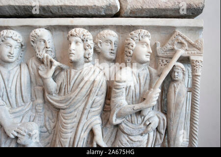 Italy, Rome, Palazzo Massimo alle Terme, National Roman Museum, sarcophagus of Marcus Claudianus (4th century AD), scenes from old and new testament Stock Photo