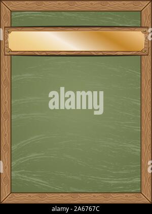 Cartoon green chalkboard with wooden frame and golden table background. Stock Vector