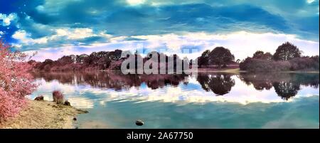 Beautiful pink infrared landscape panorama with a deep blue sky in high resolution Stock Photo