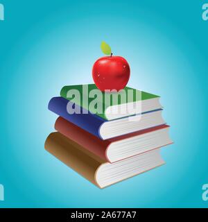 Red apple on top of book stack on blue background. Stock Vector