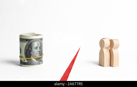 Figures of people and a bundle roll of money are separated by a red line. Inaccessibility of funds, lack of investment and salary delay. Retention of Stock Photo