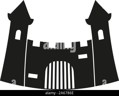 Black and white fairytale castle gate silhouette. Medieval theme vector illustration for icon, stamp, label, certificate, gift card, invitation, coupo Stock Vector