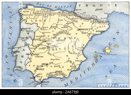 Map of Spain's ancient kingdoms. Hand-colored woodcut Stock Photo