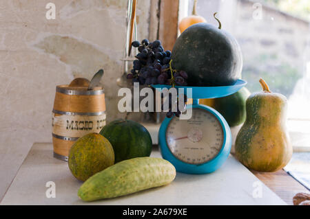 Autumn still life with pumpkins,zucchini,melons,watermelon and grapes on scale to scale and on a wooden white table.Autumn harvest concept. Happy Stock Photo